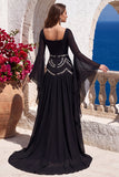 Black A-Line Square Neck Flare Sleeves Long Formal Dress with Beading