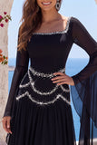Black A-Line Square Neck Flare Sleeves Long Formal Dress with Beading