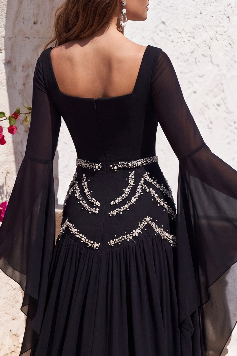Black A-Line Square Neck Flare Sleeves Long Formal Dress with Beading