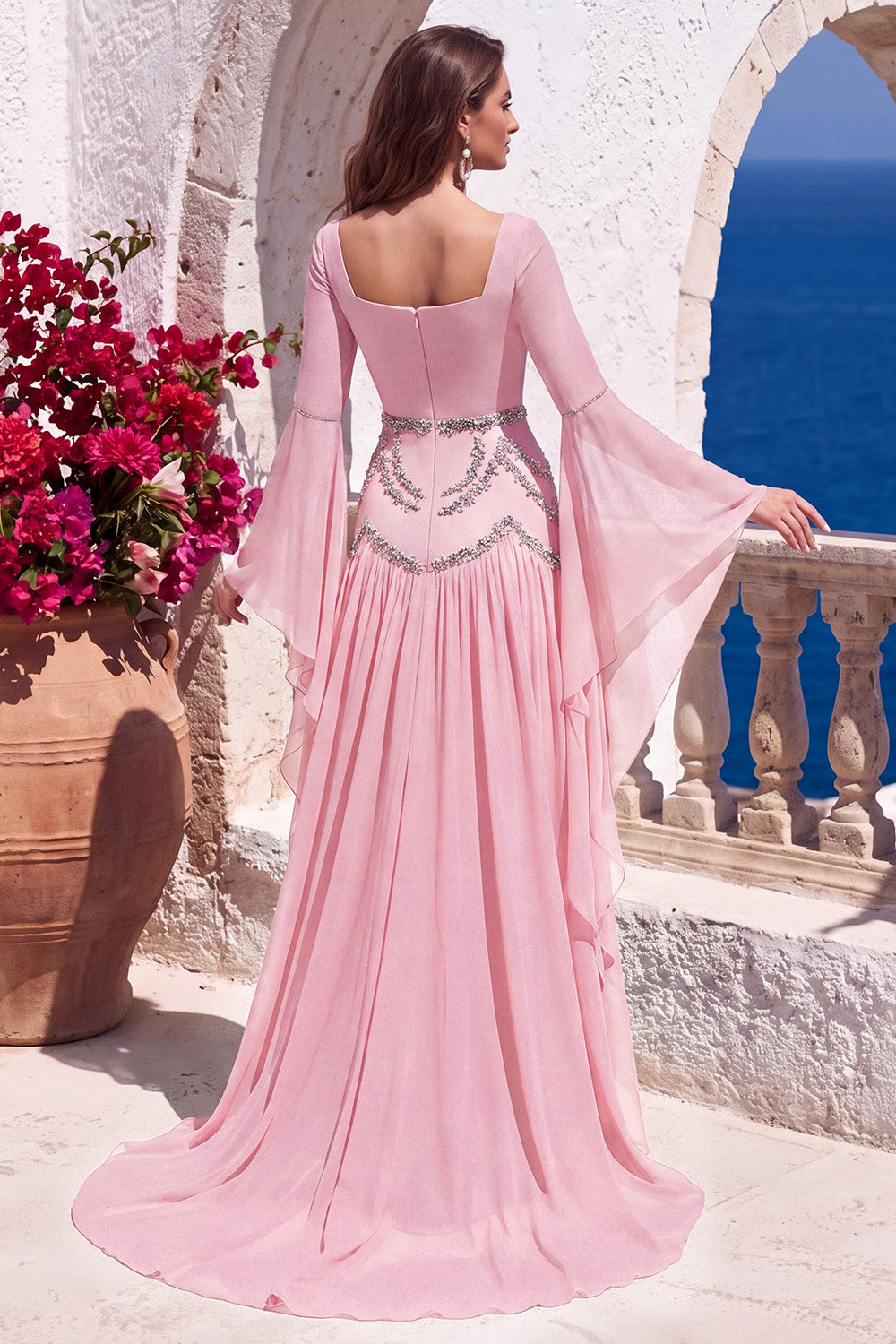 Black A-Line Square Neck Flare Sleeves Long Formal Dress with Beading