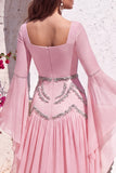 Black A-Line Square Neck Flare Sleeves Long Formal Dress with Beading