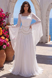 Black A-Line Square Neck Flare Sleeves Long Formal Dress with Beading