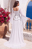 Black A-Line Square Neck Flare Sleeves Long Formal Dress with Beading