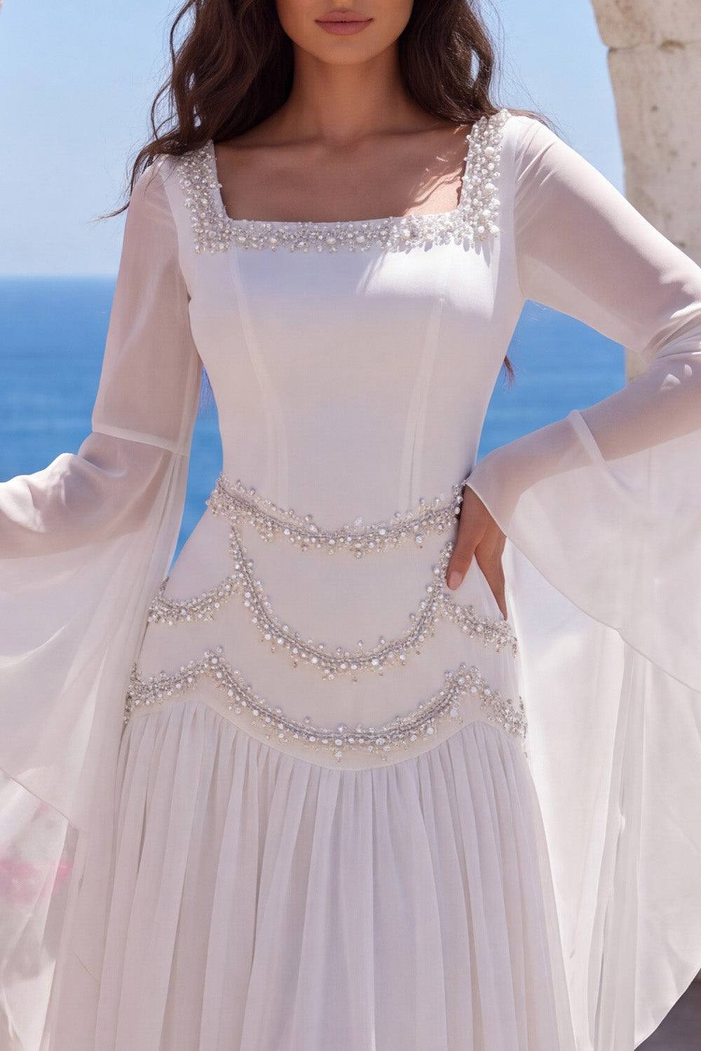 Black A-Line Square Neck Flare Sleeves Long Formal Dress with Beading