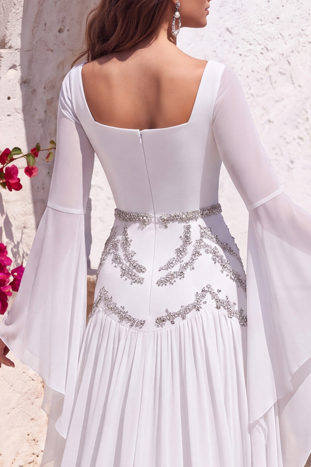 Black A-Line Square Neck Flare Sleeves Long Formal Dress with Beading