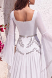 Black A-Line Square Neck Flare Sleeves Long Formal Dress with Beading