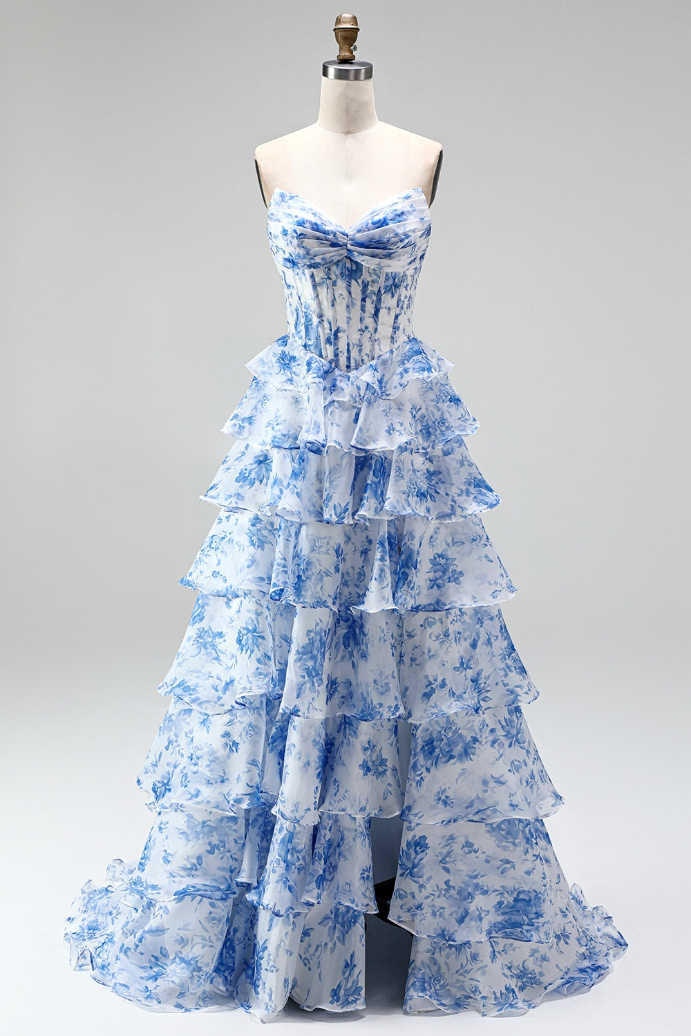 Blue Floral A Line Tiered Ruffled Corset Sweetheart Ruched Long Prom Dress with Slit