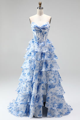 Blue Floral A Line Tiered Ruffled Corset Sweetheart Ruched Long Prom Dress with Slit