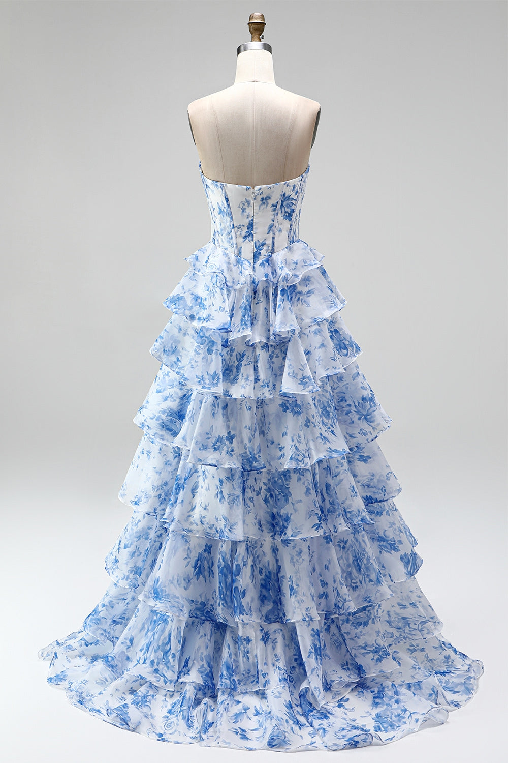 Blue Floral A Line Tiered Ruffled Corset Sweetheart Ruched Long Prom Dress with Slit