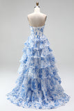 Blue Floral A Line Tiered Ruffled Corset Sweetheart Ruched Long Prom Dress with Slit