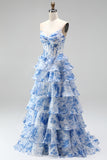 Blue Floral A Line Tiered Ruffled Corset Sweetheart Ruched Long Prom Dress with Slit