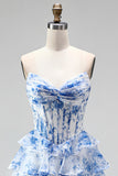 Blue Floral A Line Tiered Ruffled Corset Sweetheart Ruched Long Prom Dress with Slit