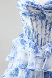 Blue Floral A Line Tiered Ruffled Corset Sweetheart Ruched Long Prom Dress with Slit