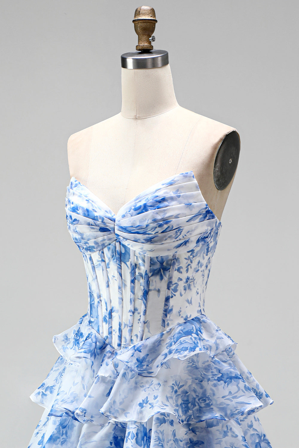 Blue Floral A Line Tiered Ruffled Corset Sweetheart Ruched Long Prom Dress with Slit