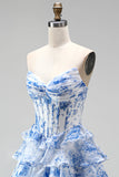 Blue Floral A Line Tiered Ruffled Corset Sweetheart Ruched Long Prom Dress with Slit