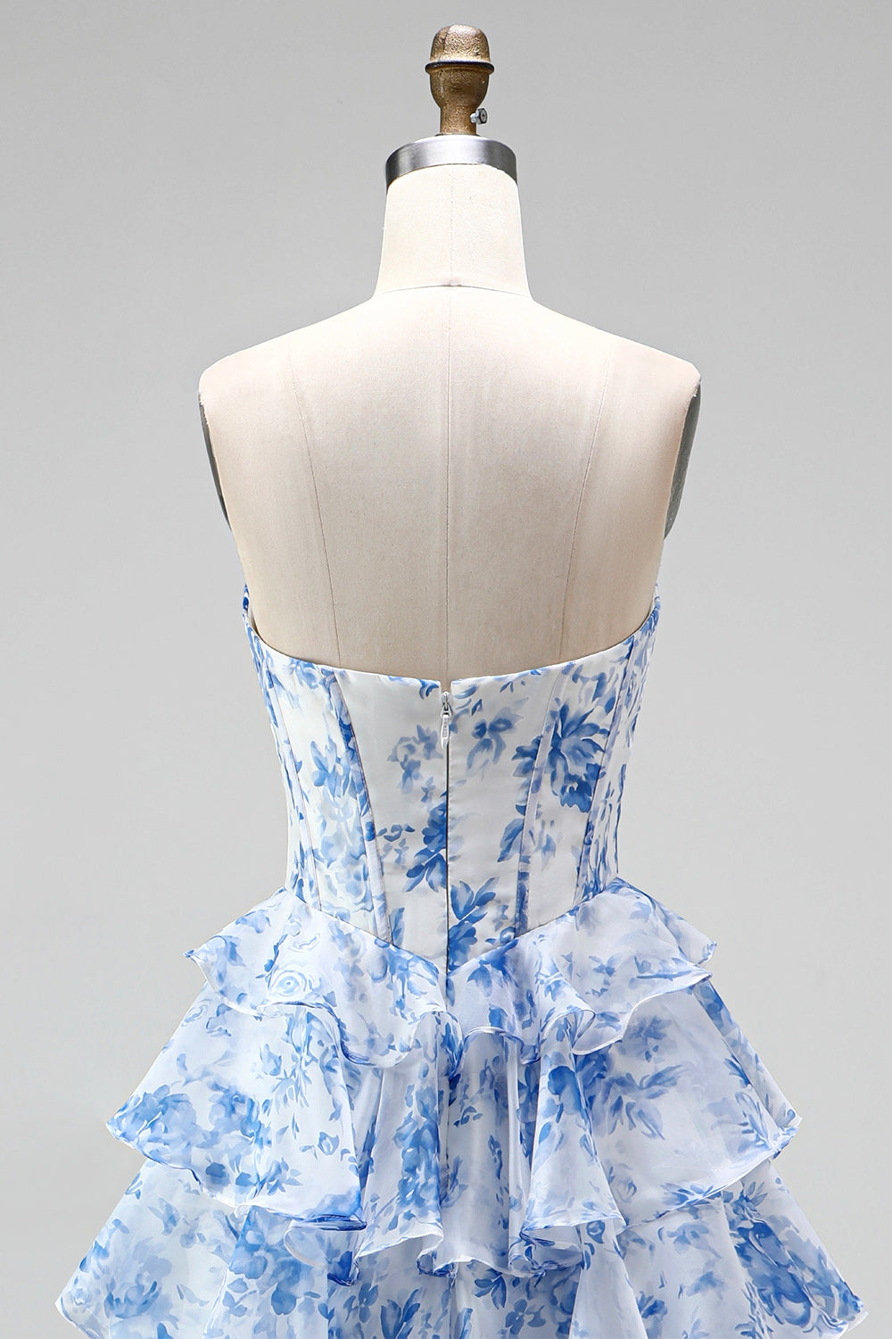 Blue Floral A Line Tiered Ruffled Corset Sweetheart Ruched Long Prom Dress with Slit