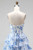 Blue Floral A Line Tiered Ruffled Corset Sweetheart Ruched Long Prom Dress with Slit