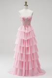 Pink Floral Corset A Line Ruffled Tiered Long Prom Dress with Beading