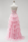 Pink Floral Corset A Line Ruffled Tiered Long Prom Dress with Beading