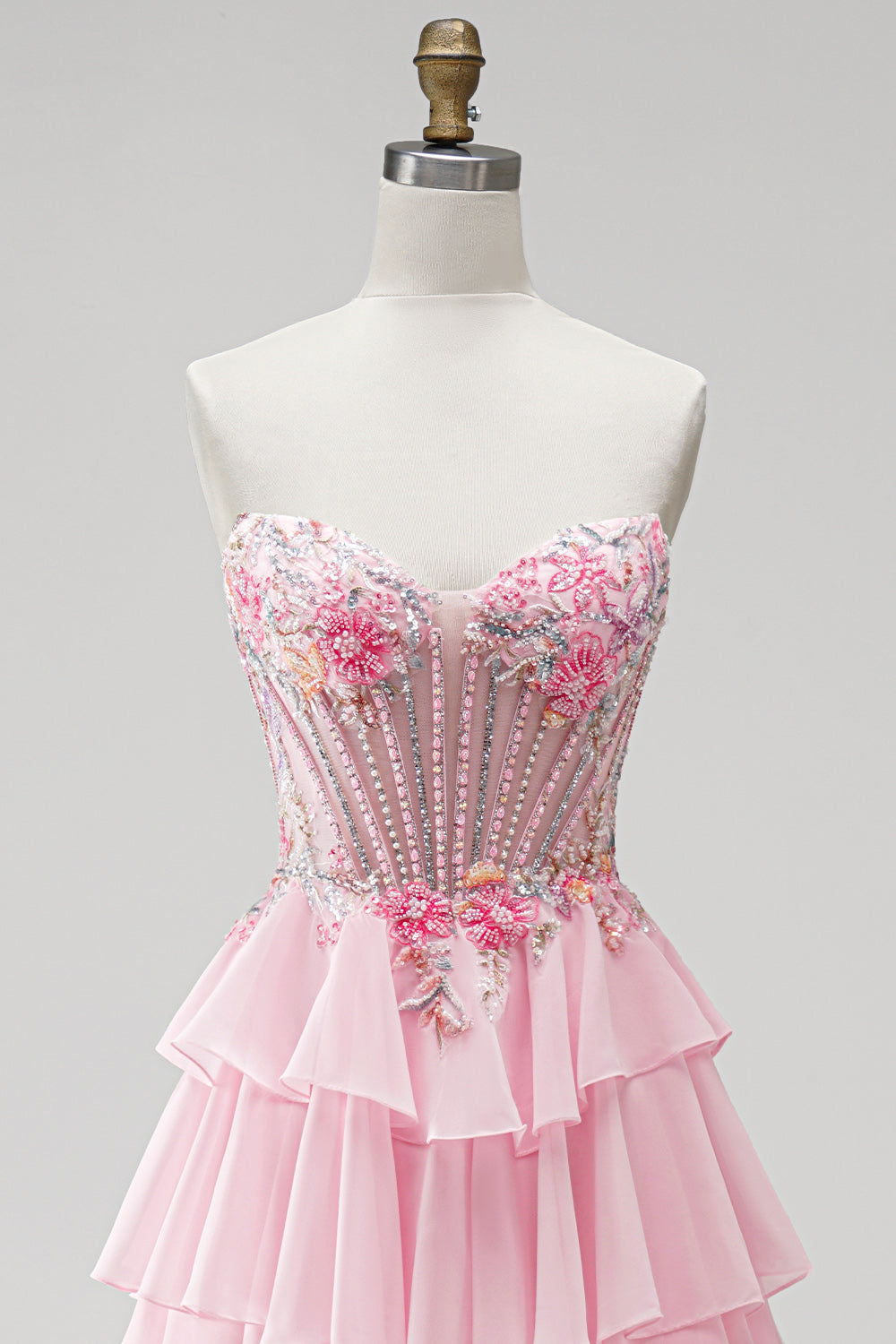 Pink Floral Corset A Line Ruffled Tiered Long Prom Dress with Beading