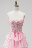 Pink Floral Corset A Line Ruffled Tiered Long Prom Dress with Beading