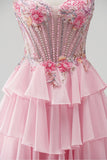 Pink Floral Corset A Line Ruffled Tiered Long Prom Dress with Beading