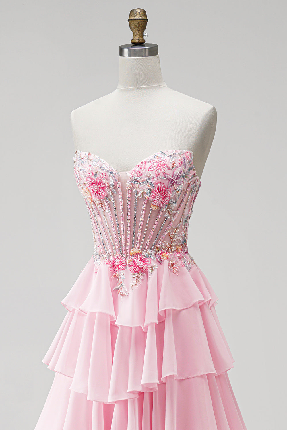 Pink Floral Corset A Line Ruffled Tiered Long Prom Dress with Beading