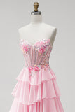 Pink Floral Corset A Line Ruffled Tiered Long Prom Dress with Beading