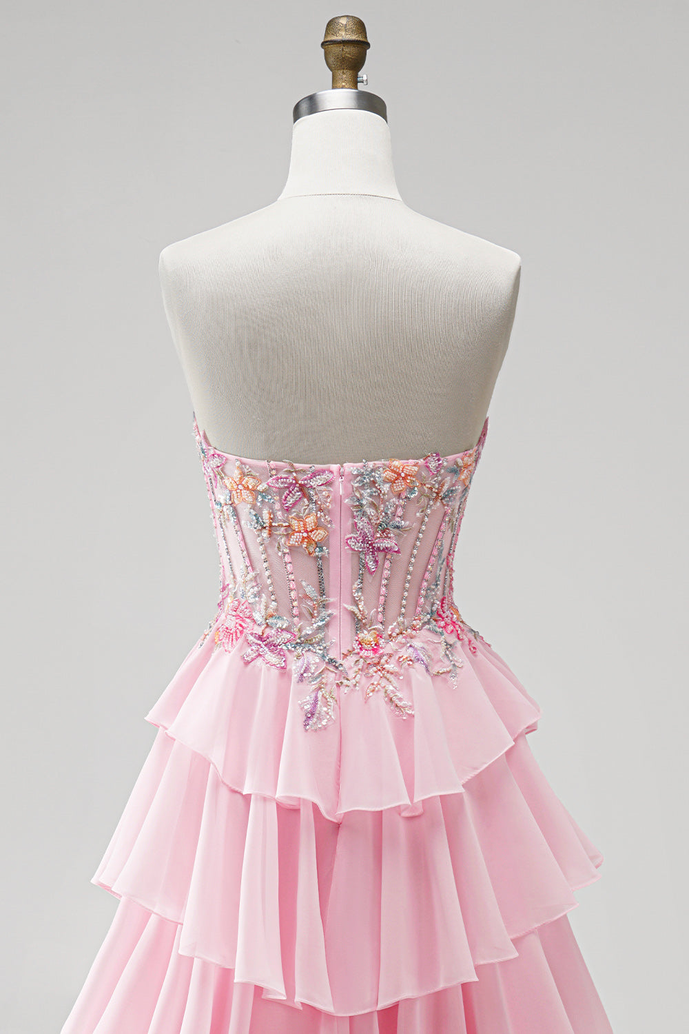 Pink Floral Corset A Line Ruffled Tiered Long Prom Dress with Beading