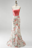 White Pink Flower Sequin Corset Mermaid Ruched Long Prom Dress with Slit