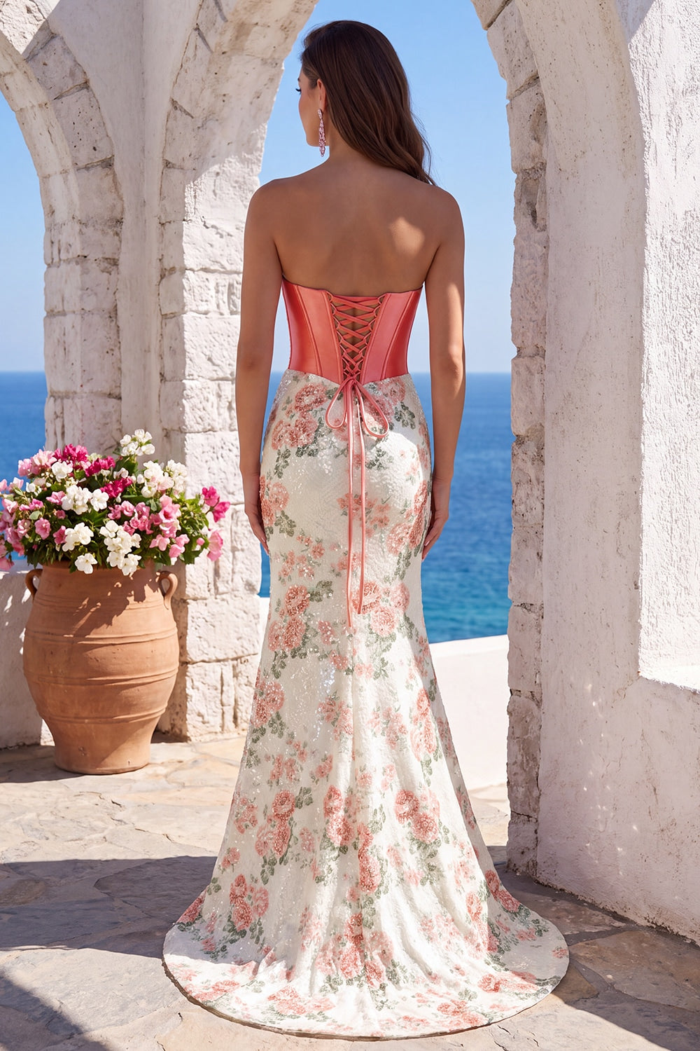 White Pink Flower Sequin Corset Mermaid Ruched Long Prom Dress with Slit