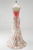White Pink Flower Sequin Corset Mermaid Ruched Long Prom Dress with Slit