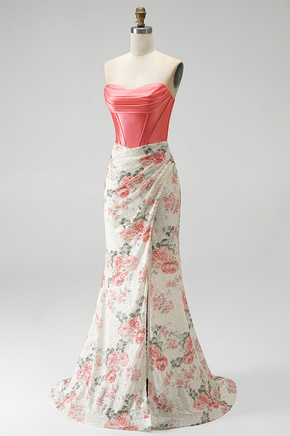White Pink Flower Sequin Corset Mermaid Ruched Long Prom Dress with Slit