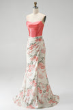White Pink Flower Sequin Corset Mermaid Ruched Long Prom Dress with Slit