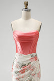 White Pink Flower Sequin Corset Mermaid Ruched Long Prom Dress with Slit