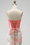 White Pink Flower Sequin Corset Mermaid Ruched Long Prom Dress with Slit