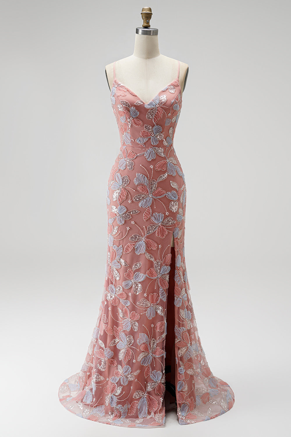 Sparkly Dusty Rose Floral Beaded V-Neck Mermaid Long Prom Dress with Slit