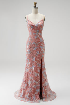 Sparkly Dusty Rose Floral Beaded V-Neck Mermaid Long Prom Dress with Slit