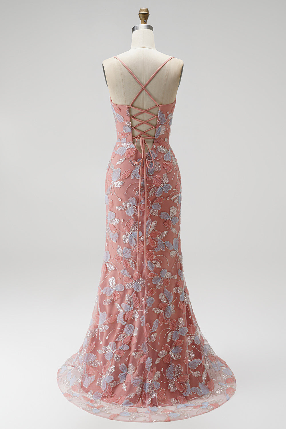 Sparkly Dusty Rose Floral Beaded V-Neck Mermaid Long Prom Dress with Slit