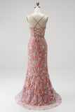 Sparkly Dusty Rose Floral Beaded V-Neck Mermaid Long Prom Dress with Slit