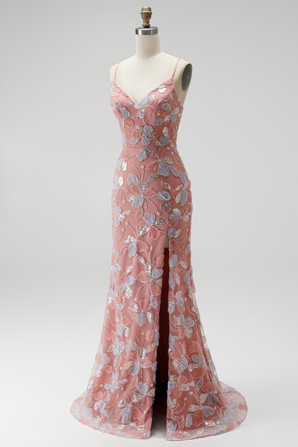 Sparkly Dusty Rose Floral Beaded V-Neck Mermaid Long Prom Dress with Slit