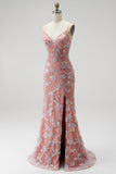 Sparkly Dusty Rose Floral Beaded V-Neck Mermaid Long Prom Dress with Slit