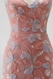Sparkly Dusty Rose Floral Beaded V-Neck Mermaid Long Prom Dress with Slit