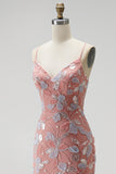Sparkly Dusty Rose Floral Beaded V-Neck Mermaid Long Prom Dress with Slit