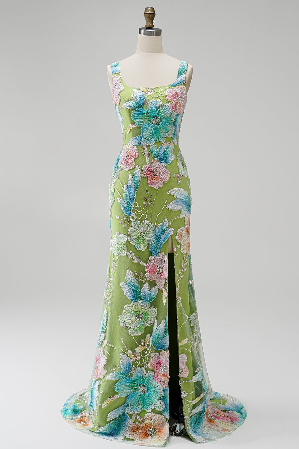 Green Floral Beaded Mermaid Long Prom Dress with Slit