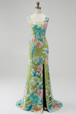 Green Floral Beaded Mermaid Long Prom Dress with Slit