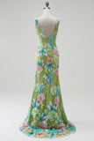 Green Floral Beaded Mermaid Long Prom Dress with Slit