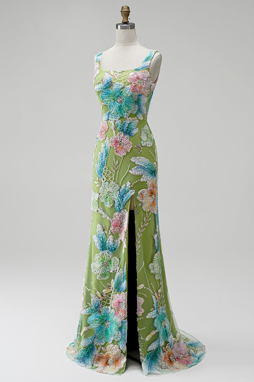 Green Floral Beaded Mermaid Long Prom Dress with Slit