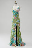 Green Floral Beaded Mermaid Long Prom Dress with Slit