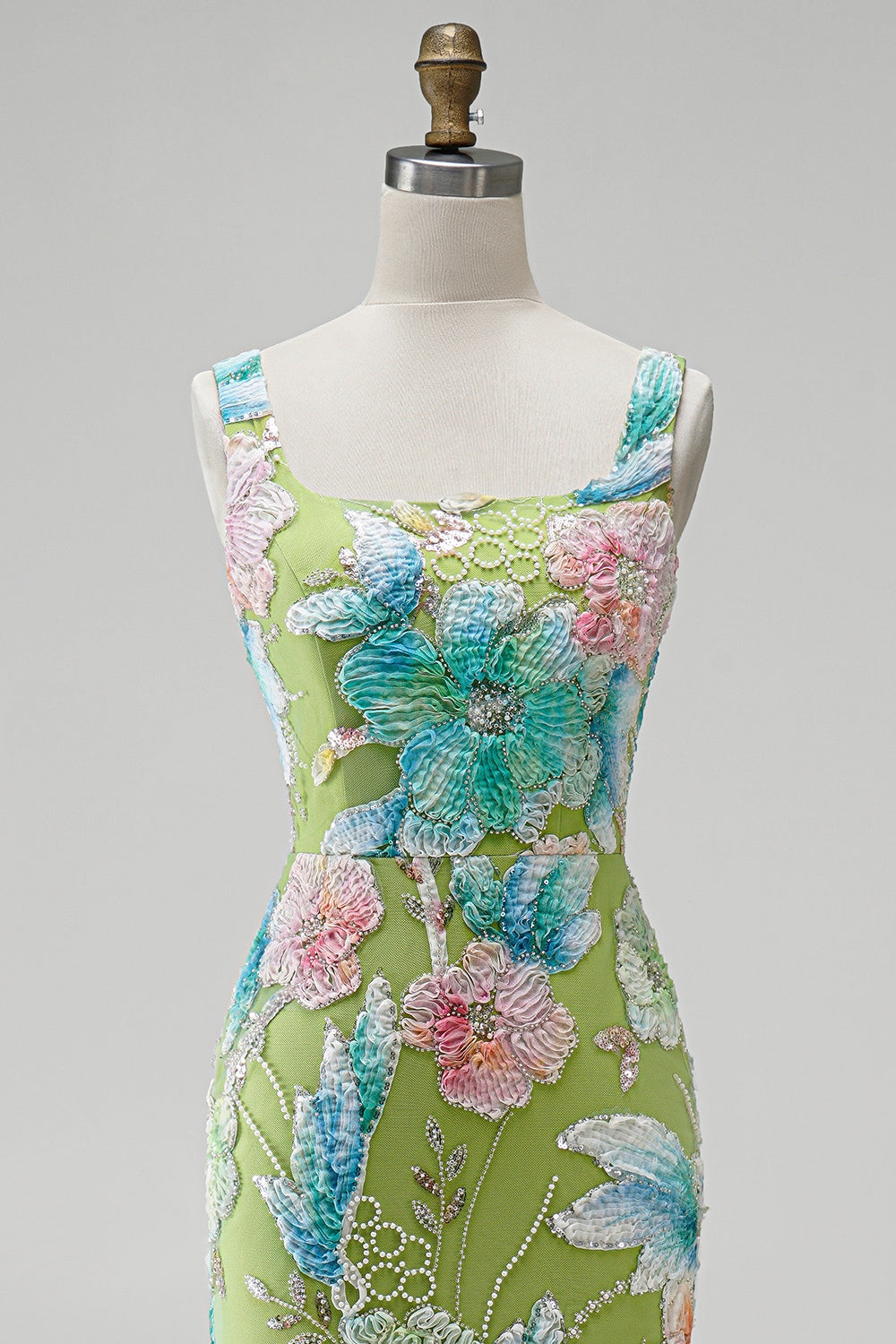 Green Floral Beaded Mermaid Long Prom Dress with Slit